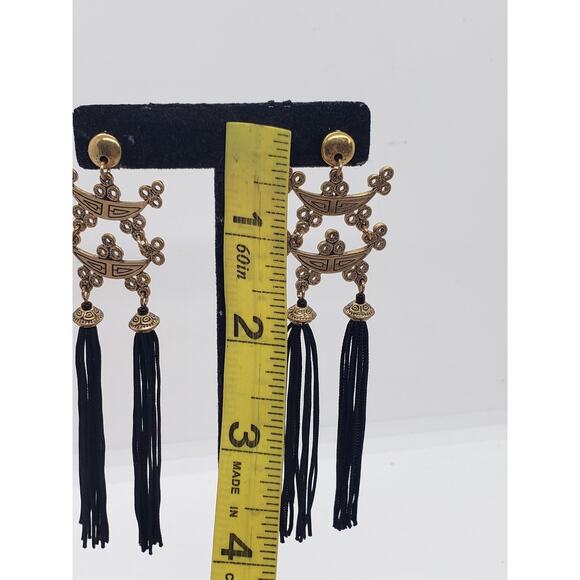 Asian Inspired Dangle Earrings Gold Tone Black Tassel Long Drop Pierced Fringe - Picture 6 of 12